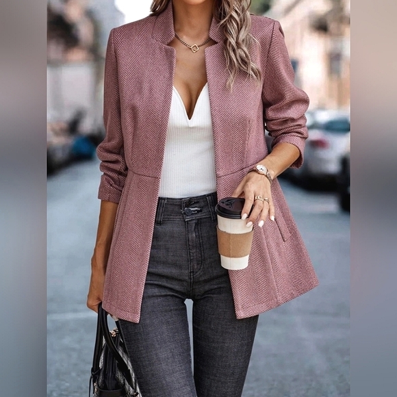 New Chic Classic Herringbone Tweed Jacket Blazer Dusty Redwood Tan - Picture 1 of 6